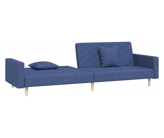 kétszemélyes kék szövet kanapéágy két párnával