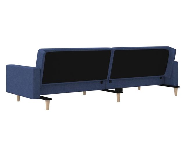 kétszemélyes kék szövet kanapéágy két párnával