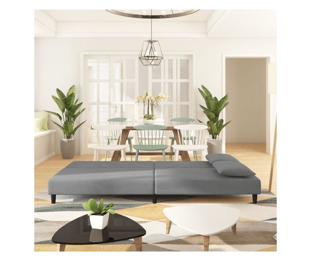 2 személyes világosszürke bársony kanapéágy két párnával