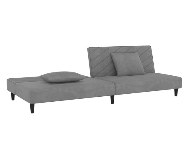 2 személyes világosszürke bársony kanapéágy két párnával