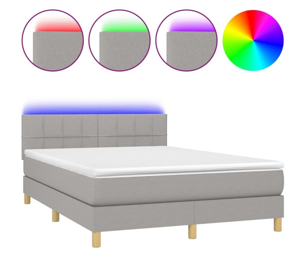 Пружинен спален комплект с матрак и LED, светлосив, 140x200 см, текстил - 2