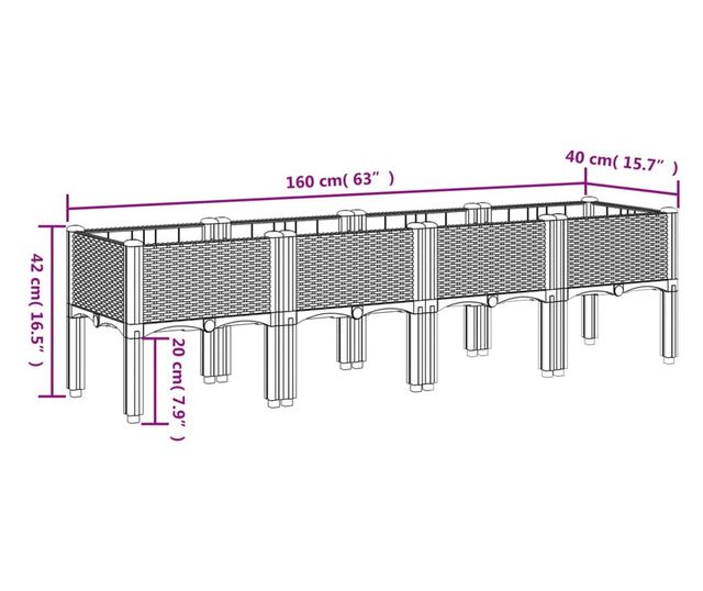 világosszürke PP rácsos kerti ültetőláda 160 x 40 x 42 cm