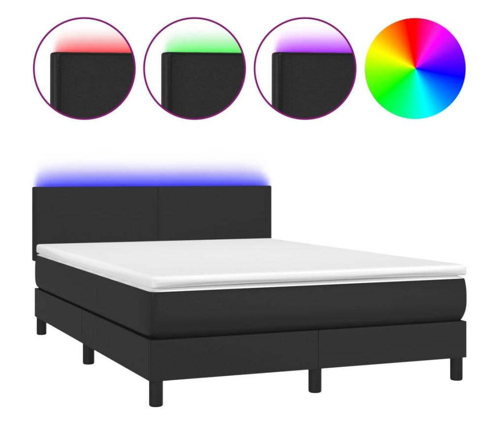 Пружинен спален комплект с матрак и LED, черен, 140x200 см, еко кожа - 2