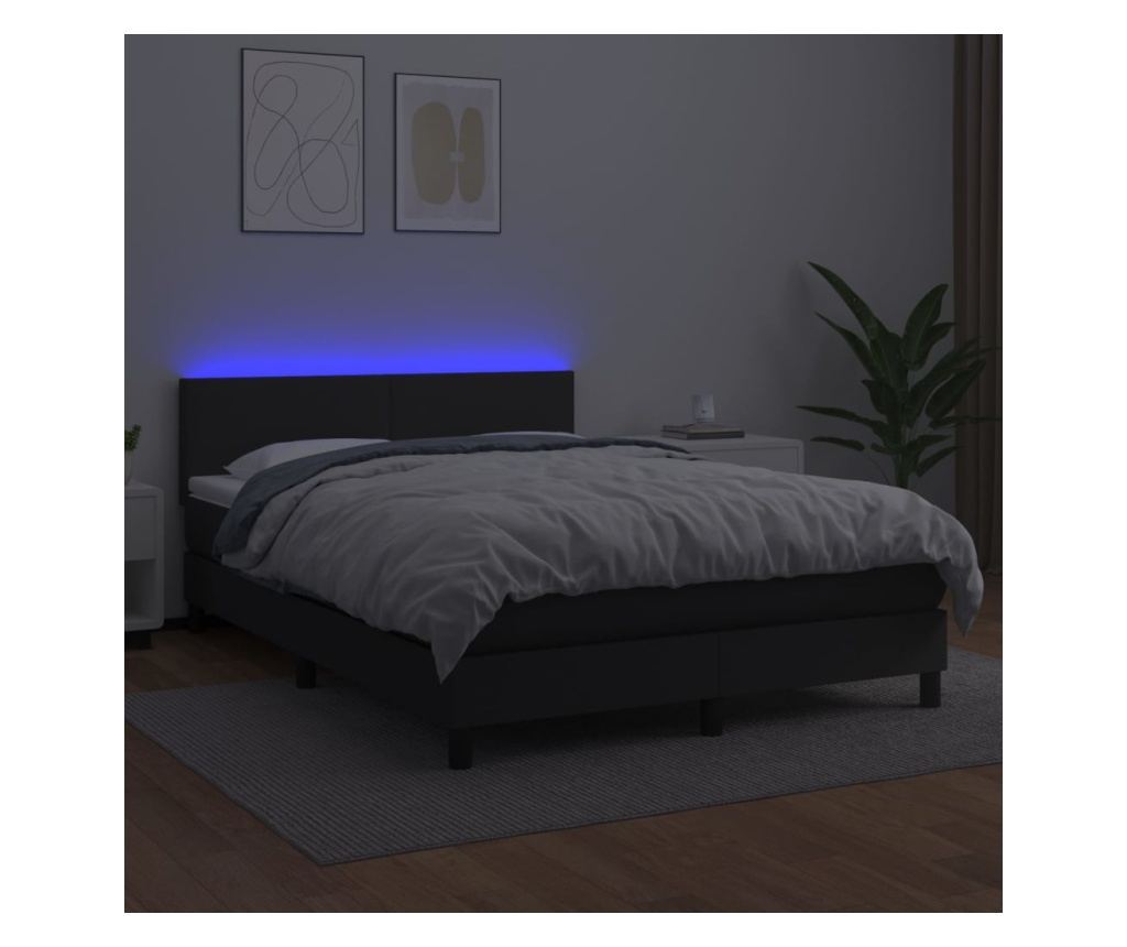 Пружинен спален комплект с матрак и LED, черен, 140x200 см, еко кожа - 4