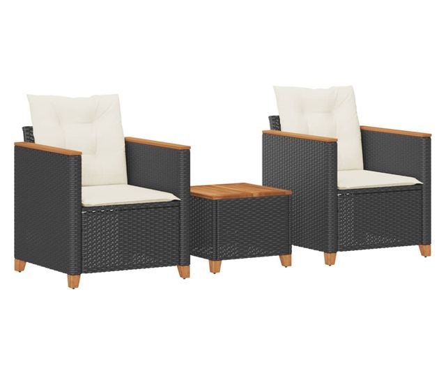 3 részes fekete polyrattan és akácfa bisztrószett párnákkal