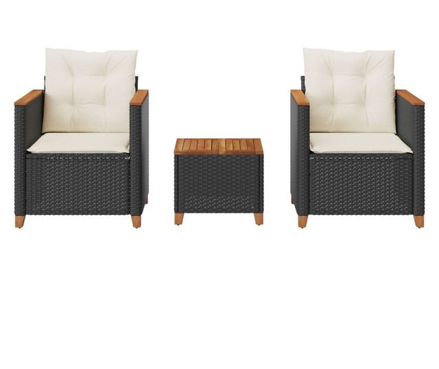 3 részes fekete polyrattan és akácfa bisztrószett párnákkal