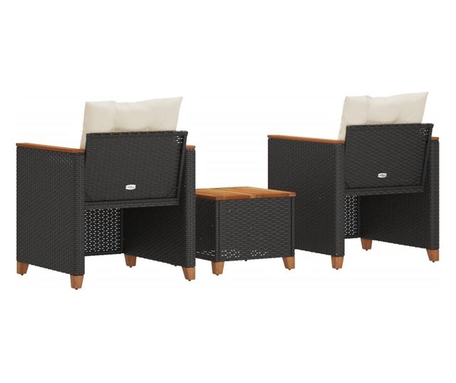 3 részes fekete polyrattan és akácfa bisztrószett párnákkal