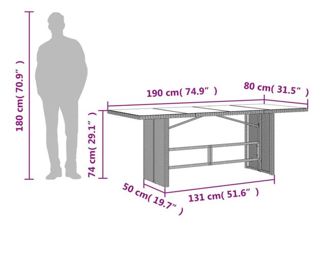 szürke polyrattan üveglapos kerti asztal 190x80x74 cm