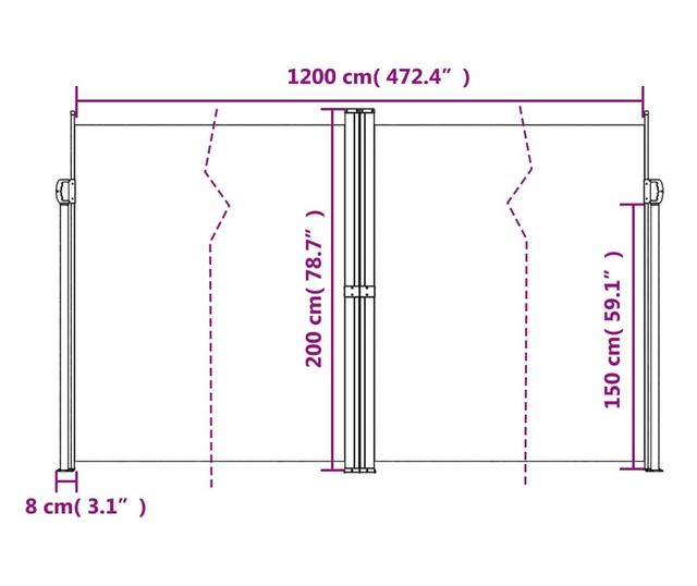 tópszínű behúzható oldalsó napellenző 200 x 1200 cm