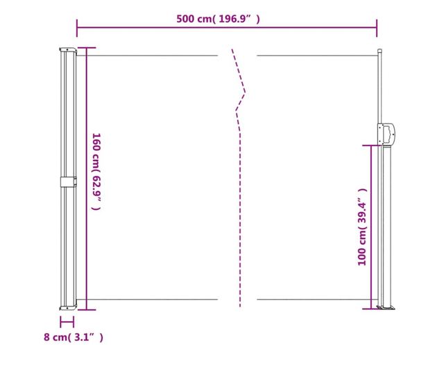 kék behúzható oldalsó napellenző 160 x 500 cm