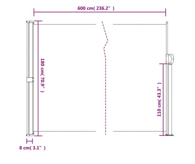 fehér behúzható oldalsó napellenző 180 x 600 cm