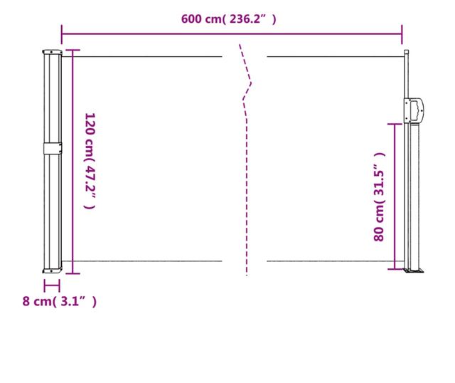 krémszínű behúzható oldalsó napellenző 120 x 600 cm