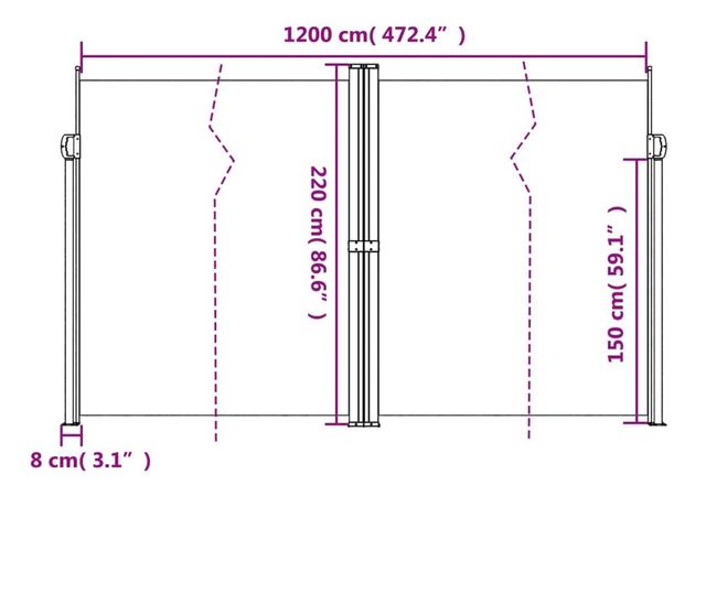 fehér behúzható oldalsó napellenző 220 x 1200 cm