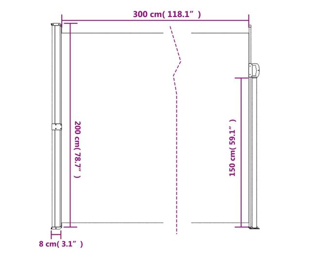 fekete behúzható oldalsó napellenző 200 x 300 cm