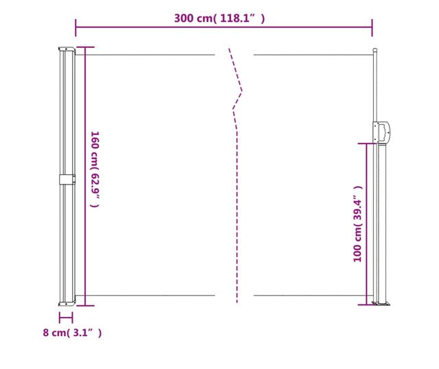 fekete behúzható oldalsó napellenző 160 x 300 cm