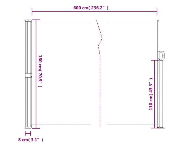 fekete behúzható oldalsó napellenző 180 x 600 cm