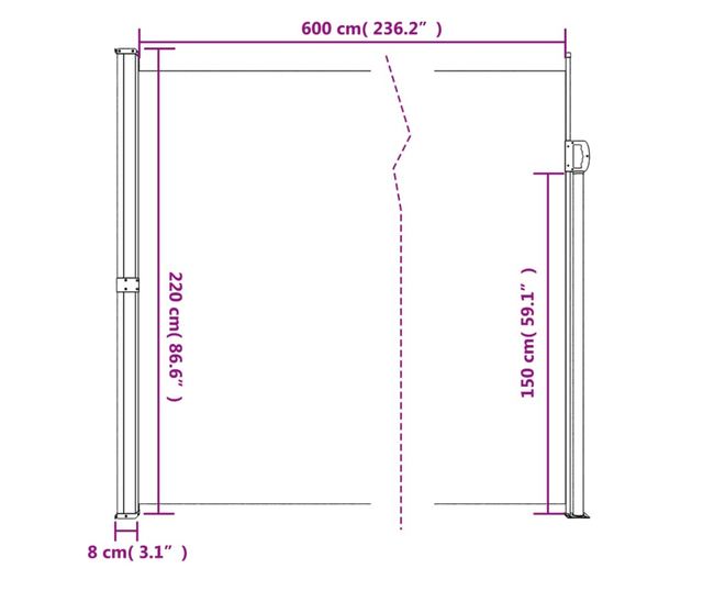 barna behúzható oldalsó napellenző 220 x 600 cm