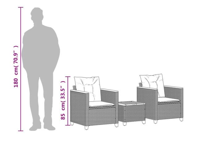 3 részes fekete polyrattan és akácfa bisztrószett párnákkal