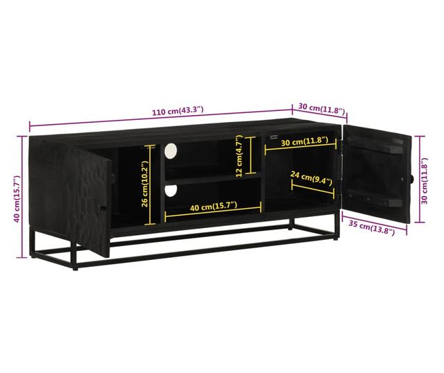 Comoda TV, negru, 110x30x40cm, lemn masiv de mango brut si fier