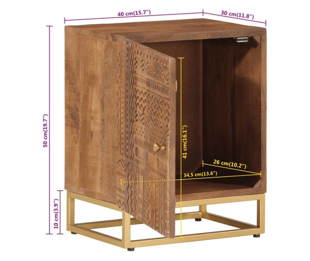 tömör mangófa és vas éjjeliszekrény 40 x 30 x 50 cm