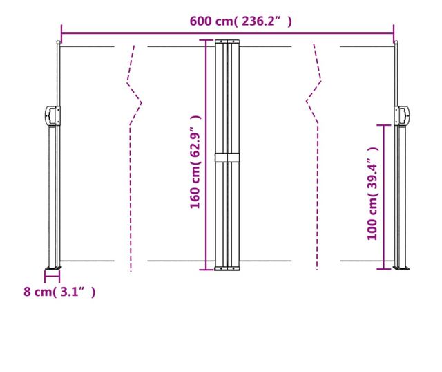 bézs behúzható oldalsó napellenző 160 x 600 cm