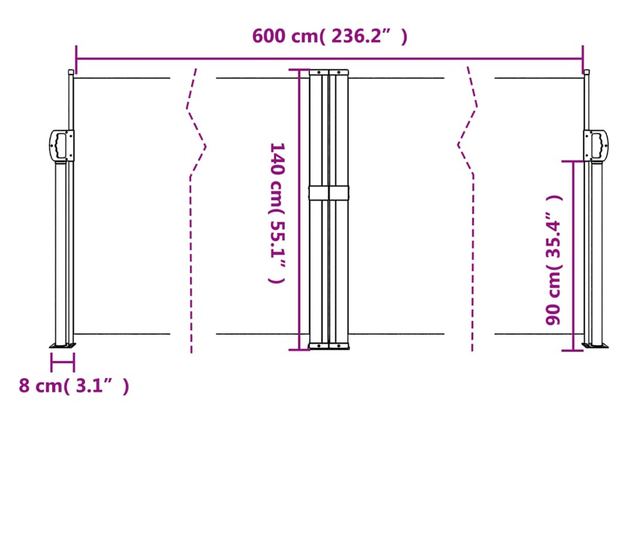 antracitszürke behúzható oldalsó napellenző 140 x 600 cm