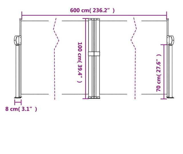 antracitszürke behúzható oldalsó napellenző 100 x 600 cm
