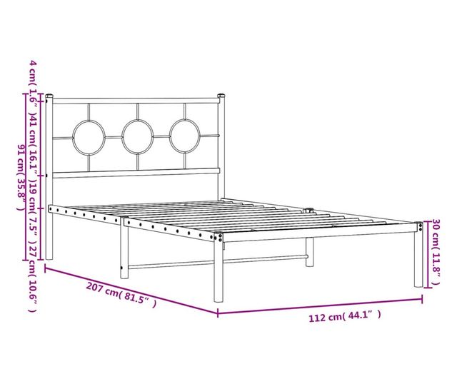 fekete fém ágykeret fejtámlával 107 x 203 cm