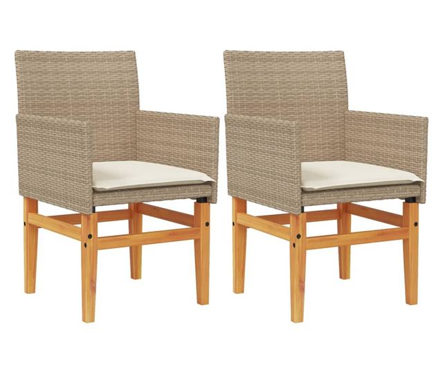 2 db bézs polyrattan és tömör fa kerti szék párnával