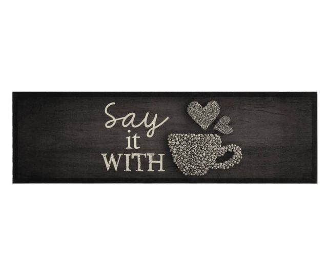 fekete mosható csészemintás bársony konyhaszőnyeg 45x150 cm