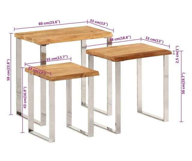 3 db tömör akácfa rakásolható asztal természetes éllel