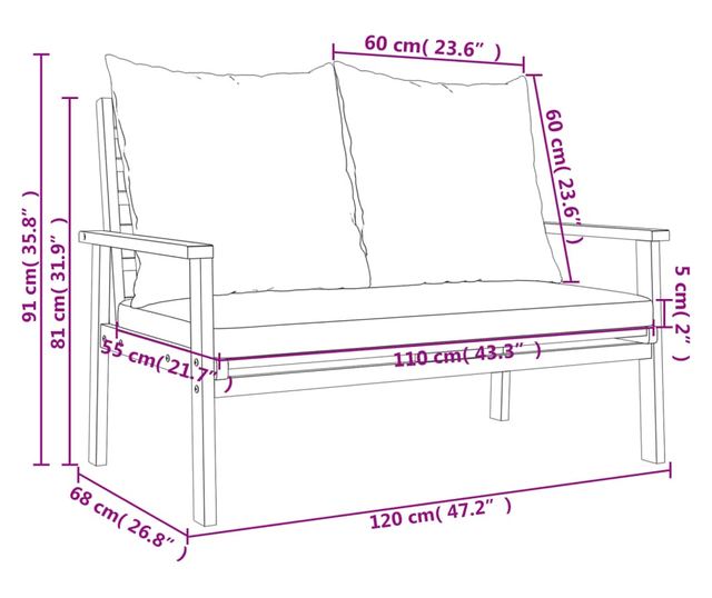 tömör akácfa kerti kanapé párnával 120 cm