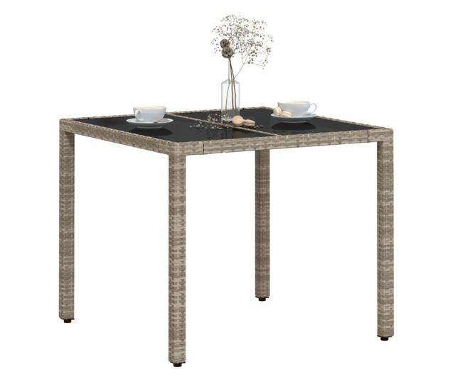 világosszürke polyrattan üveglapos kerti asztal 90 x 90 x 75 cm