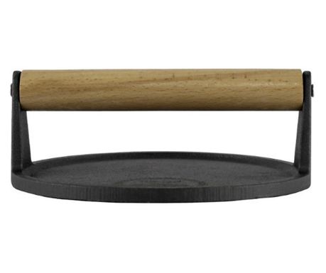 Öntöttvas grillezett húsprés, hamburger, fa nyél, 18 cm
