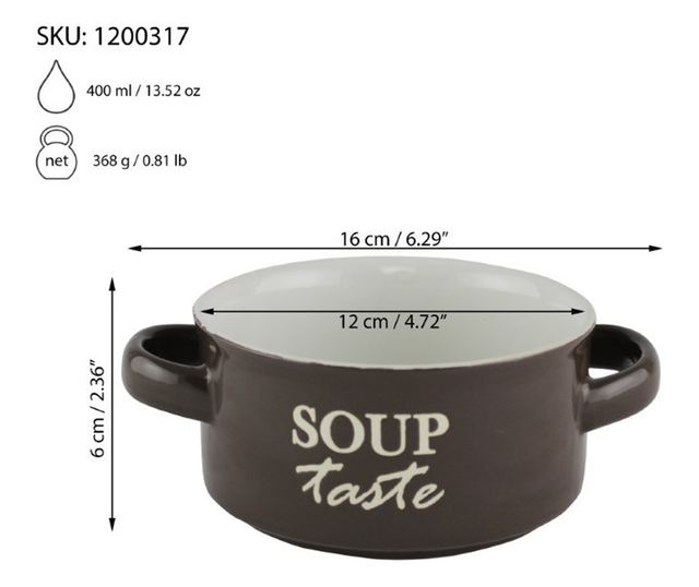 Керамична купа с дръжки за супа, кафява, 400 мл, диаметър 12 см
