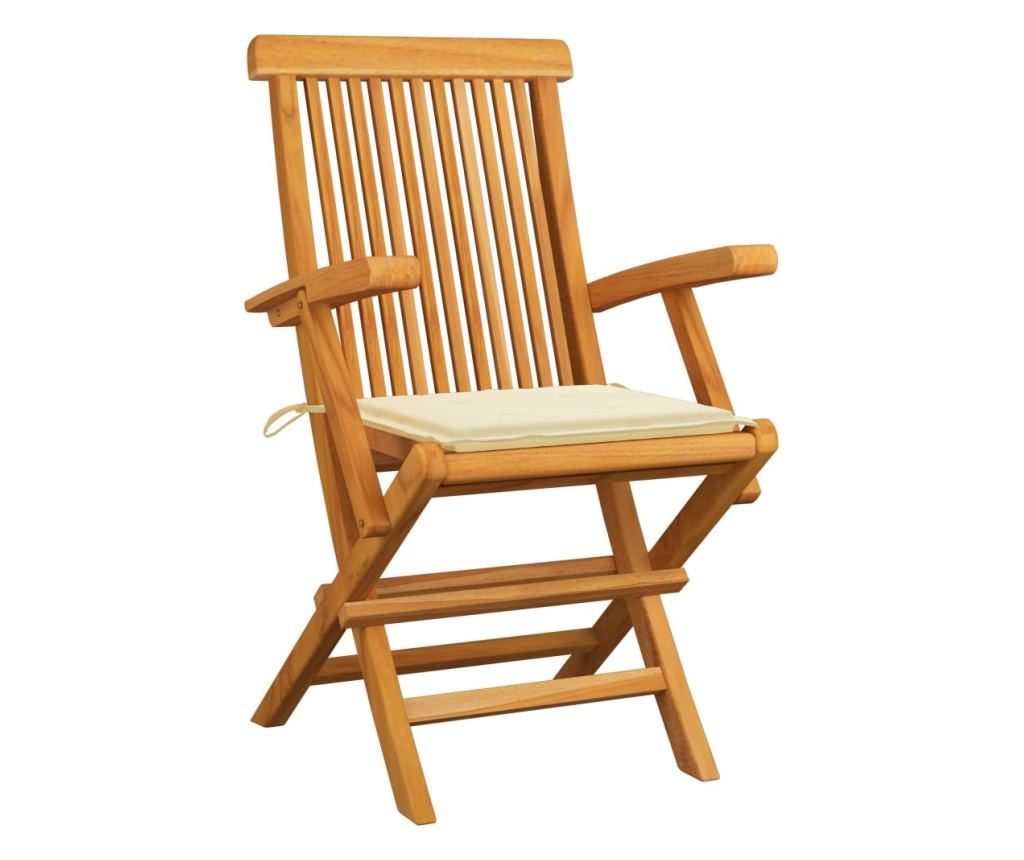 Градински столове с кремави възглавници, 3 бр., Масивно тиково дърво - 2