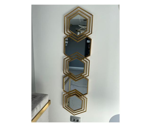 Oglinda decorativa Shape, 5 hexagoane, rama din metal, 126x30cm, Aurie