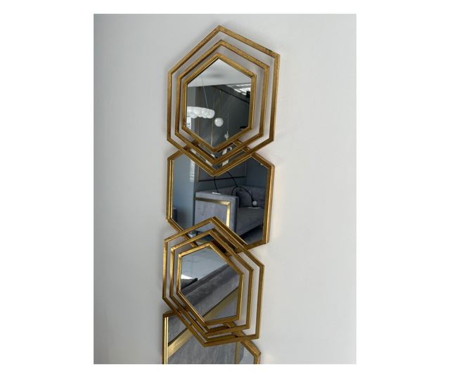 Oglinda decorativa Shape, 5 hexagoane, rama din metal, 126x30cm, Aurie