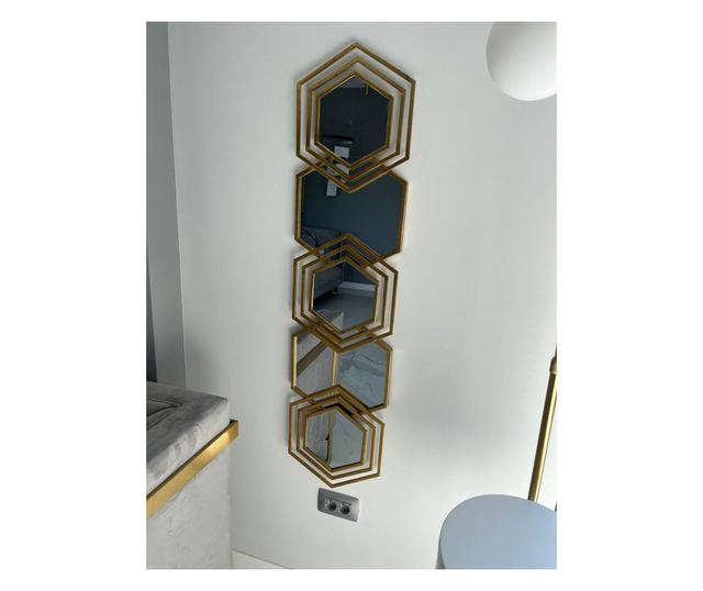 Oglinda decorativa Shape, 5 hexagoane, rama din metal, 126x30cm, Aurie