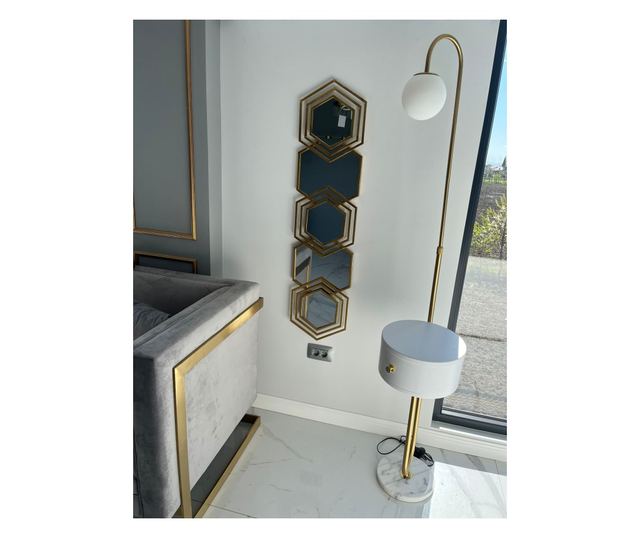 Oglinda decorativa Shape, 5 hexagoane, rama din metal, 126x30cm, Aurie