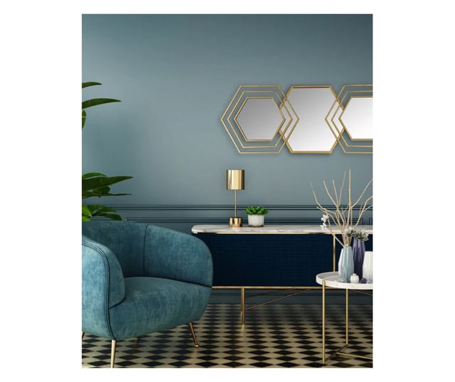 Oglinda decorativa Shape, 5 hexagoane, rama din metal, 126x30cm, Aurie