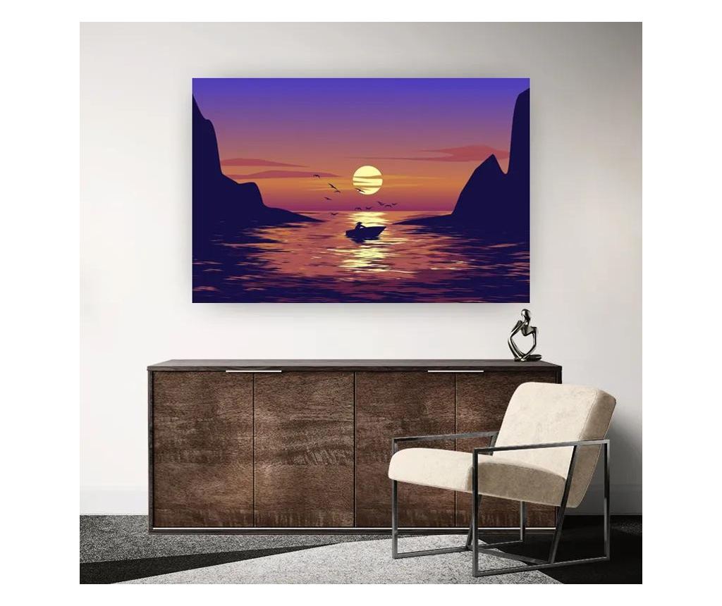 Vászonkép, Sunsetscenerywithseaviewandboatvectorlandscapeillustration, 40x60 cm - 2