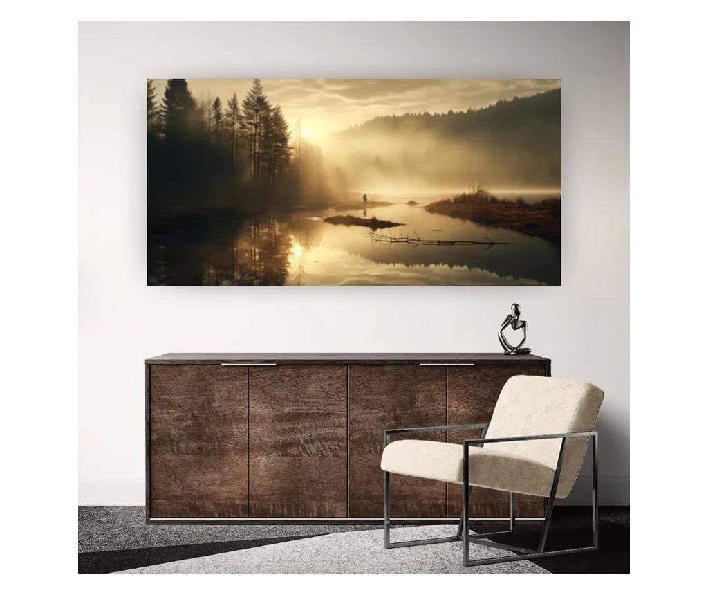 Vászonkép, The Sun Is Rising Over A River In A Foggy Forest, 60x120 cm - 2