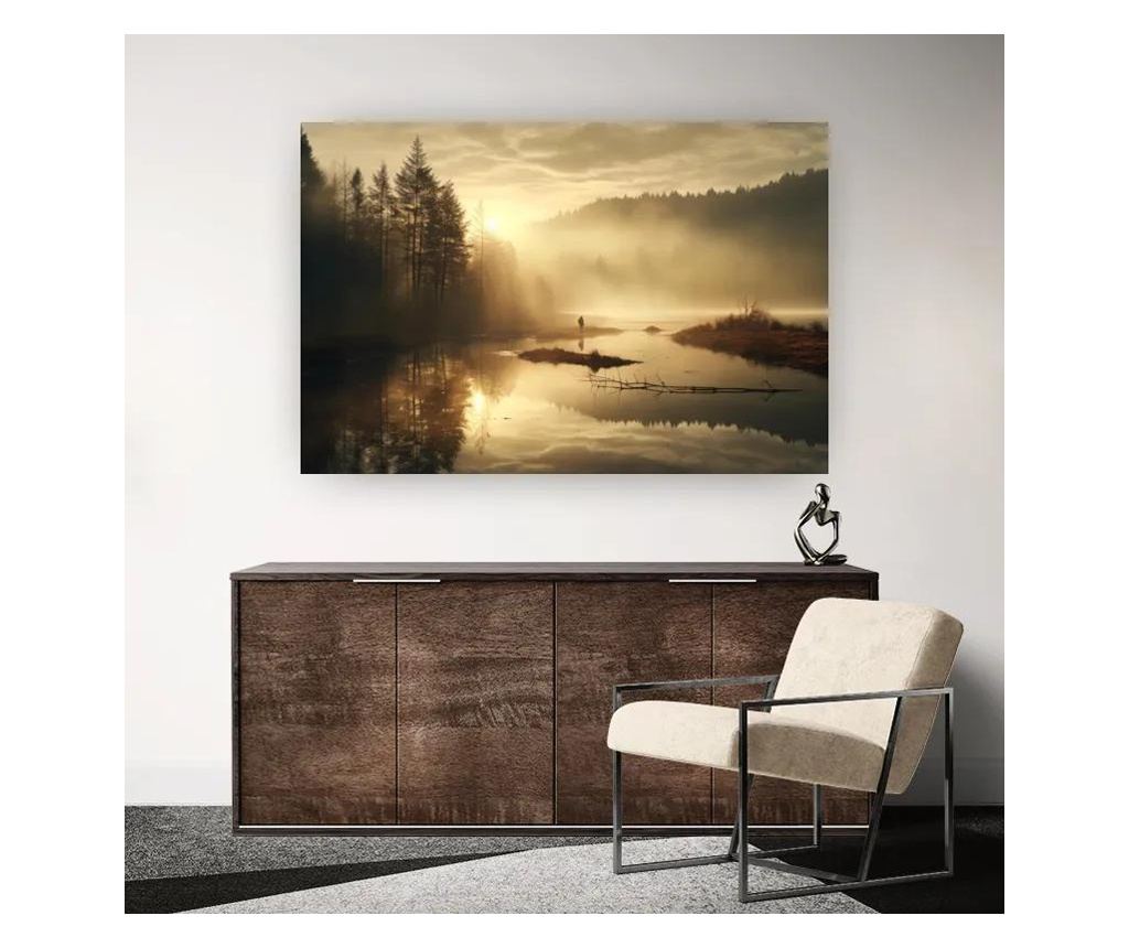 Vászonkép, The Sun Is Rising Over A River In A Foggy Forest, 80x120 cm - 2