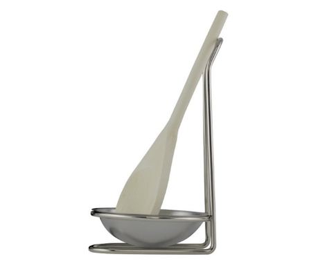 Set, suport vertical din inox cu farfurie și lingură din lemn pentru bucătărie
