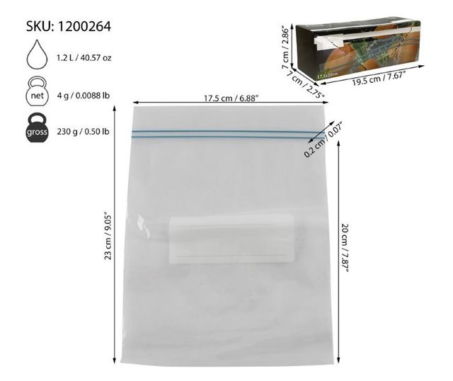Set de pungi reutilizabile și resigilabile, transparente, cu fermoar ziplock, 17.5x20 cm, plastic, 50 buc  17.5x23x0.2 cm