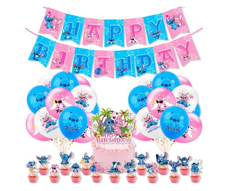 Disney 18 db-os gyerek lufi készlet, Lilo és Stitch, Születésnapi Party, Latex, 1 Boldog Születésnapi Banner, 15 db Muffin fedő,