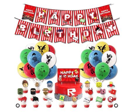 20 db-os gyereklufi szett, Roblox, Születésnapi Party, Latex, 1 Boldog Születésnapi Banner, 20 db Cupcake Topper, 1 Tortafedő, T