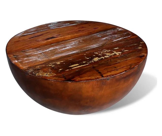 Măsuță cafea, formă de bol, bază din oțel, lemn masiv reciclat