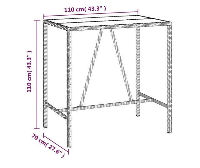 Masă de bar cu blat din sticlă, negru, 110x70x110 cm, poliratan